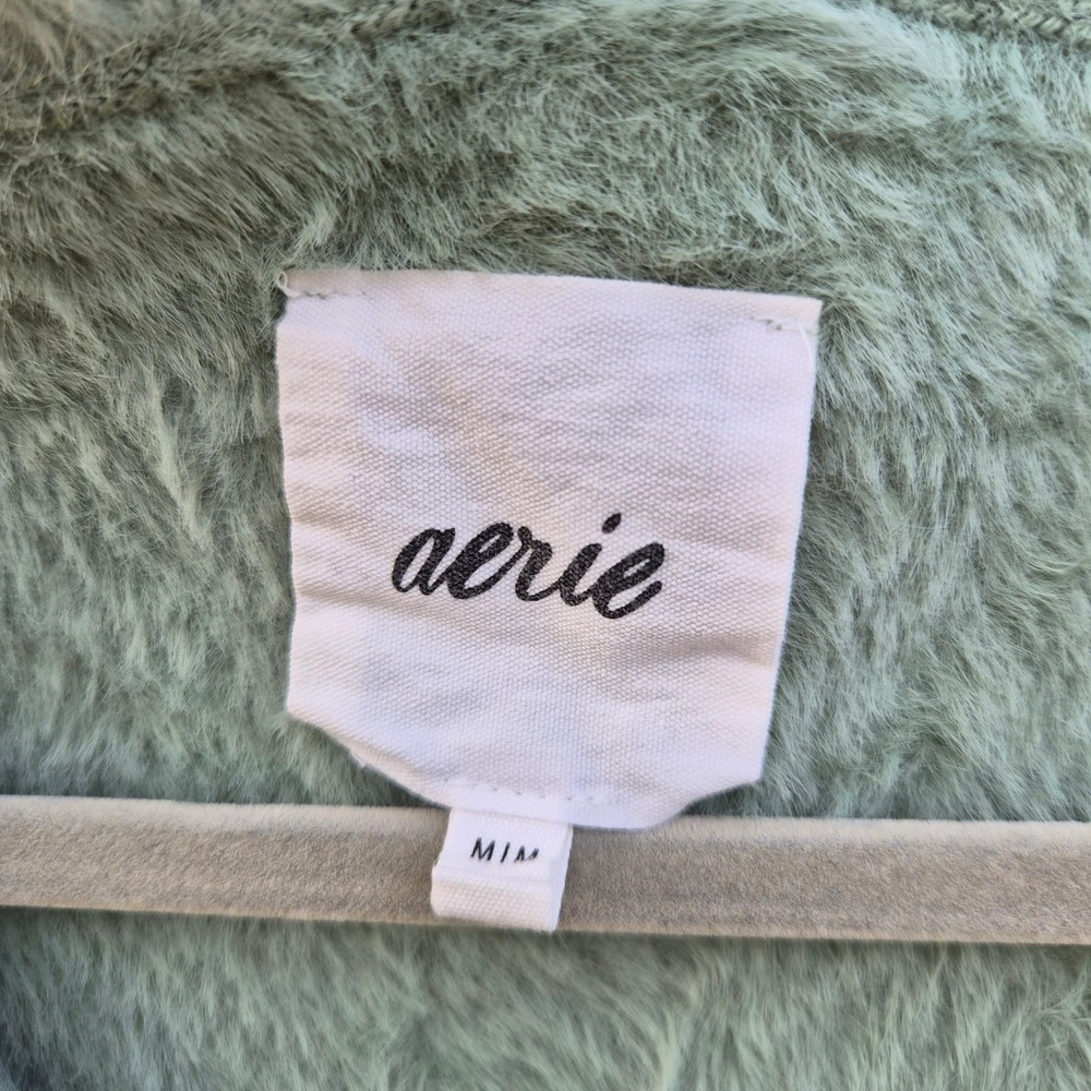 Aerie Sage Green Fuzzy Eyelash Knit Cropped Cardigan Sweater Womens Medium - Picture 2 of 6